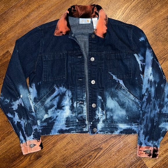 Liz Claiborne Blue Grunge Button Up Jacket Orange Velvet Collar & Cuffs Size S - Picture 5 of 14